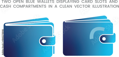 Two open blue wallets displaying card slots and cash compartments in a clean vector illustration