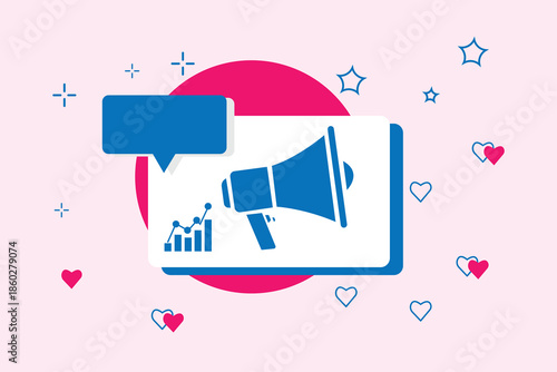 Illustration of a megaphone with a graph and a notification bubble showing likes, social media and symbolizing marketing engagement vector illustration ,pink background design