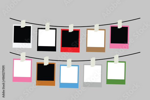 A collection of ten colors blank instant photo frames, each attached with a piece of tape, arranged in a circular pattern on a neutral background, art