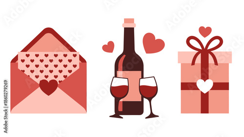 Valentines Day celebration with wine and gifts.