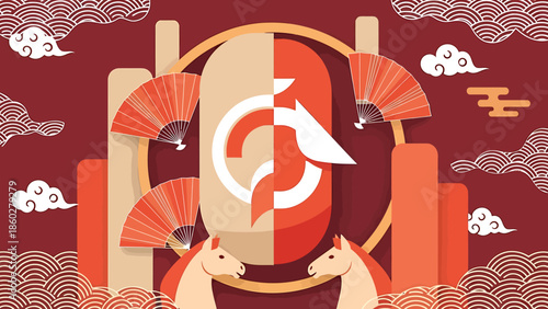 Two stylized horses in front of a circular emblem with fans.