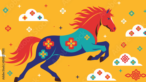 Vibrant Stylized Horse Illustration with Traditional Motifs.