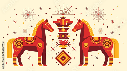 Two Stylized Red Horses Facing Each Other.