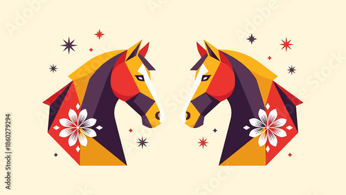 Two Stylized Geometric Horse Heads Facing Each Other.