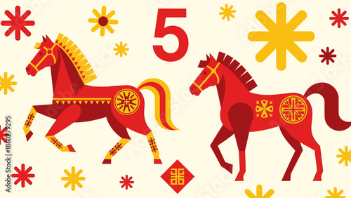 Two Red Horses Decorated with Traditional Chinese Patterns.