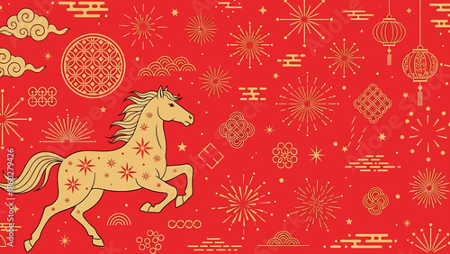 Golden Horse with Festive Chinese New Year Decorations.