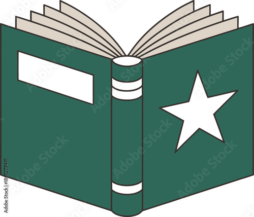Open green book with white star emblem and blank label on cover, simple illustration