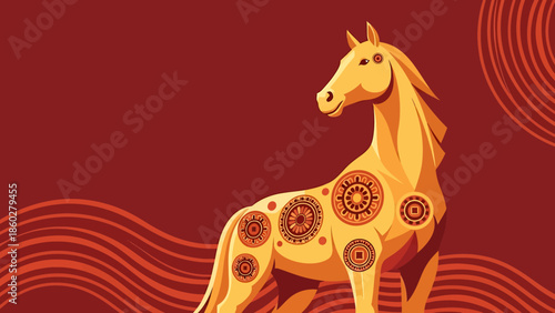 Golden Horse Illustration with Intricate Patterns.