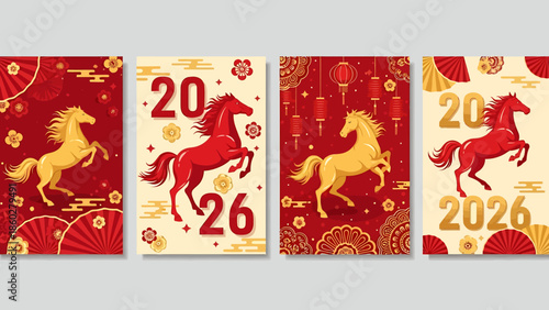 Golden and Red Horses Celebrating Chinese New Year 2026.