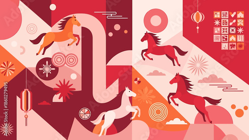 Dynamic Horses Galloping in a Vibrant Abstract Chinese New Year Design.