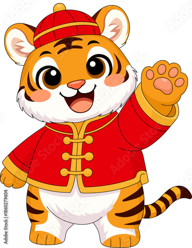 Cartoon tiger in Chinese clothes waving hand