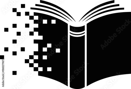 Digital book disintegration icon knowledge loss or data transfer concept
