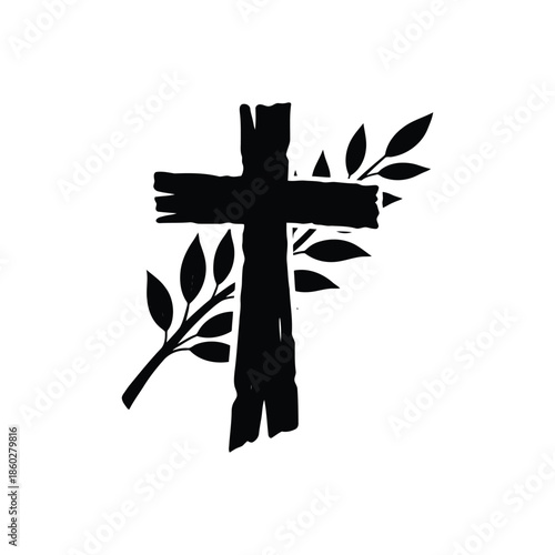 Rough wooden cross with olive branches silhouette illustration