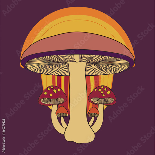 Retro psychedelic vector illustration of colorful mushrooms with orange yellow striped sunset background in 70s hippie style