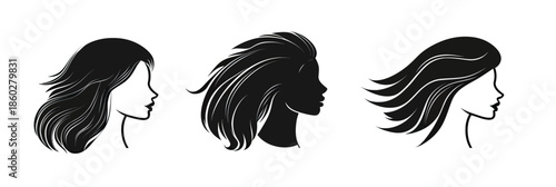 Black women hairstyles profile silhouettes with flowing hair in flat minimalist black and white vector icons set for beauty and fashion concept design