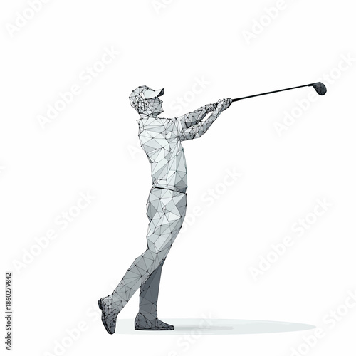 Polygonal golfer silhouette with golf club swing in minimalist low poly style vector illustration in grayscale on white background for sports and leisure concept design