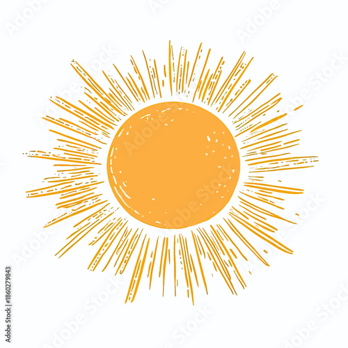 Hand drawn sun illustration with radiating rays sketch, yellow orange sunshine doodle with textured lines, minimalistic vector sunburst drawing for kids design and creativity