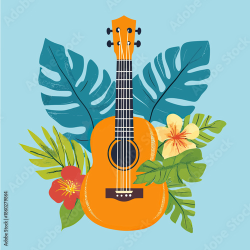 Hand Drawn Ukulele with Tropical Leaves and Hawaiian Flowers on Blue Background Summer Music Poster Vector Illustration