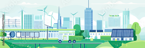 Sustainable cityscape with electric train transit, solar panel house, wind turbines, green urban environment, and eco friendly public transport vector illustration