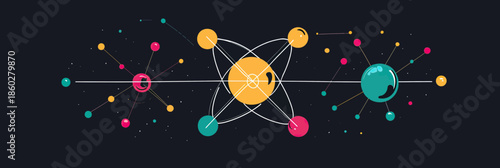 Colorful atom model with orbiting electrons and molecular structures in flat minimalist style science vector illustration for education and research concept