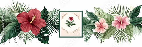 Tropical hibiscus flowers and green palm leaves seamless border with framed botanical illustration vector floral design element for invitation or decoration