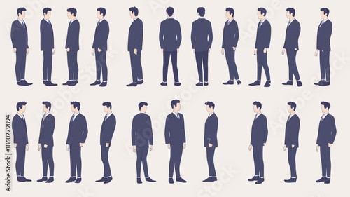 Set of business man characters in formal suits showing front side and back views standing in professional poses flat vector illustration for animation or design