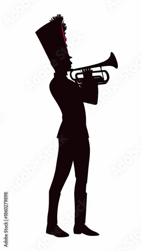 Silhouette of marching band trumpet player in traditional uniform playing brass instrument isolated on white background minimalist vector design