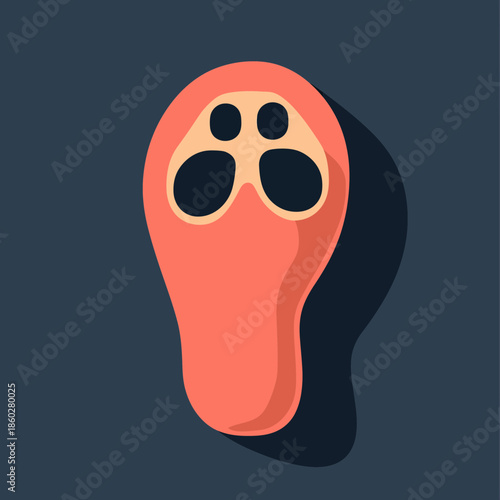 Flat minimalist vector illustration of red foot mask with black pores and shadow on dark background for skincare beauty and wellness concept