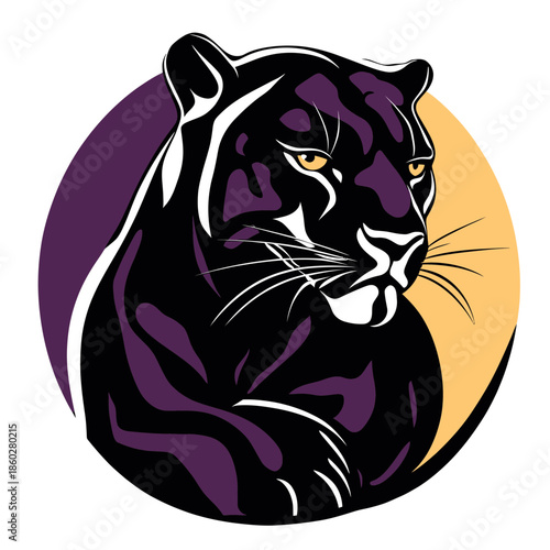 Black panther portrait with intense gaze in stylized flat vector illustration featuring smooth shapes and contrasting dark colors