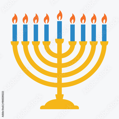 Hanukkah menorah candelabrum with nine lit candles, flat vector icon for holiday apps, websites, digital greetings, seasonal design