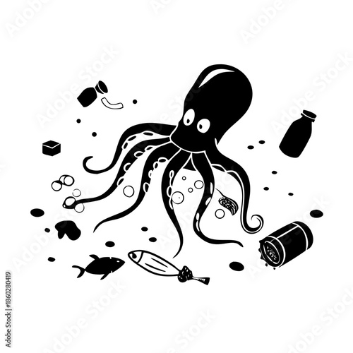 A conceptual illustration of the pollution of the world's oceans with plastic waste. Tired fish with a wheelbarrow trying to clean the ocean floor of plastic.
