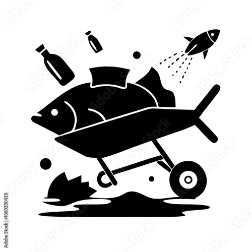 A conceptual illustration of the pollution of the world's oceans with plastic waste. Tired fish with a wheelbarrow trying to clean the ocean floor of plastic.

