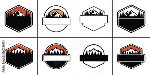 Collection of eight diverse outdoor adventure badge emblems featuring mountain ranges and stylized evergreen forest silhouettes for branding