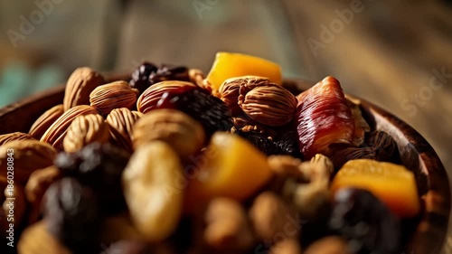 Rustic Bowl of Mixed Nuts and Dried Fruits. A wooden bowl filled with a vibrant assortment of mixed nuts and dried fruits, including almonds, walnuts, raisins, apricots, and hazelnuts. 