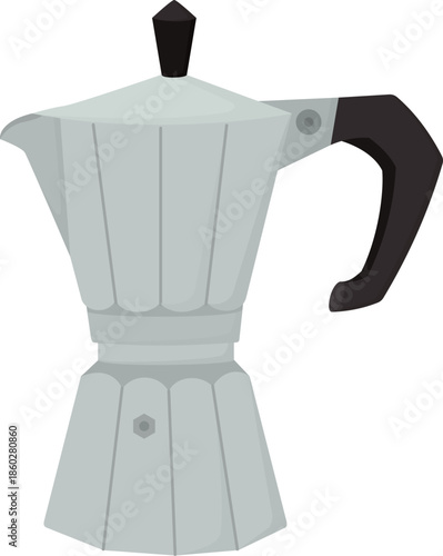 Italian geyser coffee maker isolated on white background. Illustration of metallic moka pot