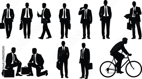 Business people silhouette set, walking, standing, talking, drinking, kneeling, holding briefcase, cycling figure, posture collection, vector illustration, corporate lifestyle