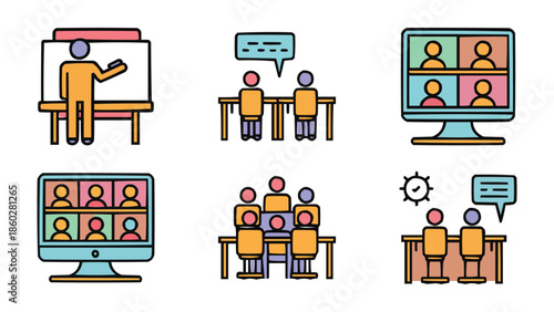 Collection of various colorful flat design icons illustrating different meeting formats including online video conferences and in person discussions