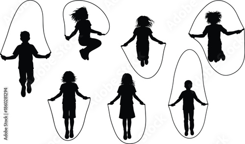 Children jumping rope silhouettes, active kids playing, childhood exercise, outdoor fun, group activity, fitness illustration, black vector, white background, motion, energy