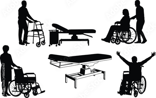 Medical care, rehabilitation support, mobility aid, wheelchair assistance, physiotherapy equipment, disabled patient, recovery therapy, hospital scene, vector silhouette illustration
