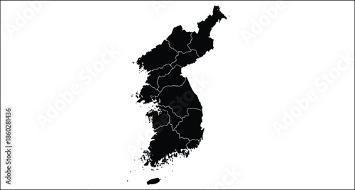Korean Peninsula map silhouette, North Korea, South Korea, administrative regions, black vector outline, political boundaries, geographic illustration, Asia, country division