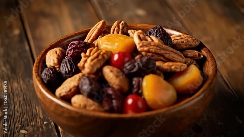 Rustic Bowl of Mixed Nuts and Dried Fruits. A wooden bowl filled with a vibrant assortment of mixed nuts and dried fruits, including almonds, walnuts, raisins, apricots, and hazelnuts. 