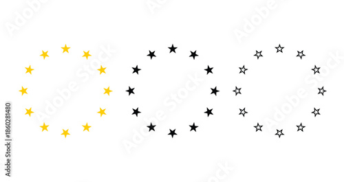 Circular star frame collection. Round star wreath design in yellow black and outline style. Decorative border for rating, badge, highlight and UI design