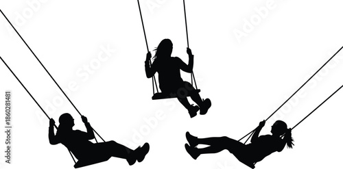 Silhouette of people swinging, childhood fun, outdoor recreation, playful motion, swing set illustration, vector art, black figures, minimalist design, isolated background