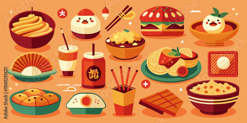 Asian street food simple but detailed icons cartoon vector illustrations for web design