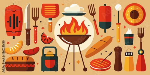 Various barbeque vector illustration icons for dinner and meal cooking elements and designs