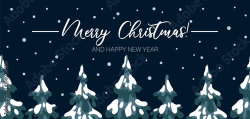 Horizontal seamless vector scene with snow-covered spruce trees, twinkling stars, and falling snow for festive Christmas decor.