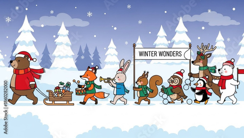 Cute winter animal parade with sleigh full of gifts festive holiday illustration for Christmas and New Year greeting cards isolated on snowy background