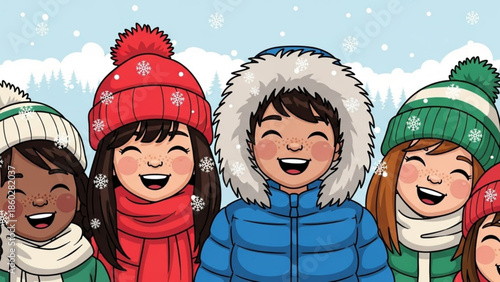 Diverse group of happy children in winter clothing smiling and laughing in the snow perfect for holiday and seasonal promotions