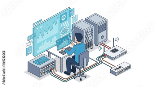 Man working on computer server systems.