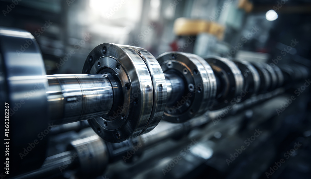 Fototapeta premium Cylindrical roller arms on industrial machinery with metallic components and textured surfaces